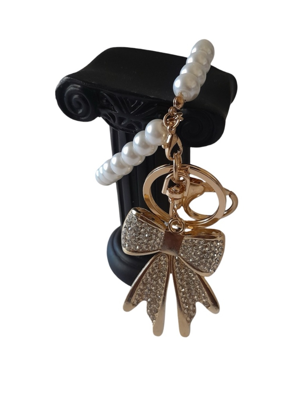 2pcs Bow Keychain with Imitation Pearl Chain Sparkling Rhinestones - Picture 4 of 7